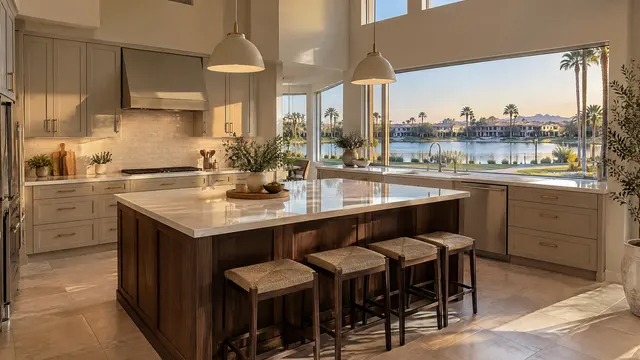 Remodeled kitchen in a two-story Arrowhead Ranch, Glendale, Arizona home from the late 1980s: light greige cabinets, a dark walnut island, cream quartz, and a large window looking onto a calm residential lake with palm trees and a walking path