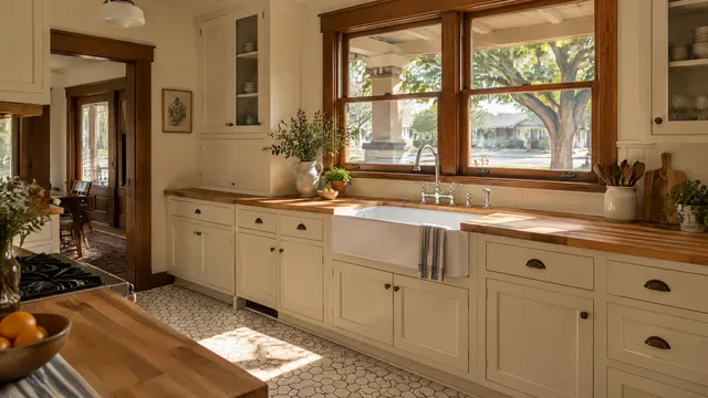 Kitchen in a restored 1920s craftsman bungalow in the Catlin Court historic district of Glendale, Arizona: painted cream inset cabinets, butcher-block counters, a white apron-front sink, hexagon tile floor, a wood double-hung window looking out to a front porch and mature shade tree