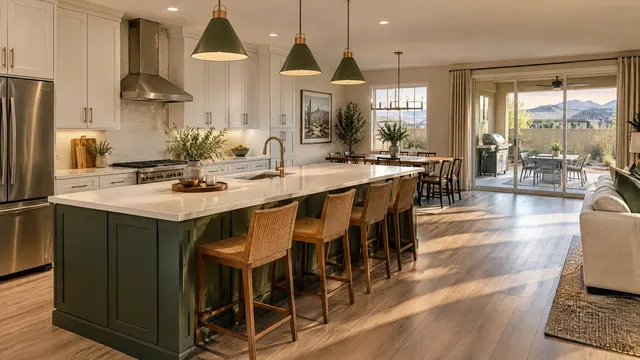 Upgraded kitchen in a newer single-family home in a planned community in west Glendale, Arizona: the builder-grade island replaced with a longer deep green island, white quartz, new pendant lights, light luxury vinyl plank floor, sliding door to a covered patio with a gas grill