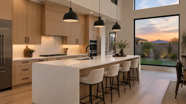 Modern kitchen in a newer two-story Glendale, Arizona home near the Westgate area: matte black hardware, warm white oak flat-panel cabinets, a long waterfall-edge white quartz island, large black-framed window showing a small backyard and an evening sky