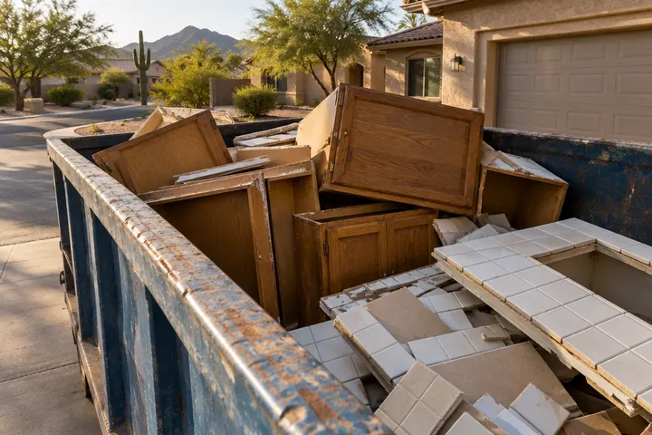 Old kitchen cabinets and tile countertop pieces stacked in a construction dumpster beside a stucco Arizona home driveway, no people