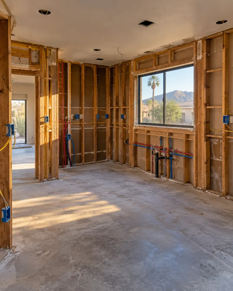 Gutted kitchen in a Glendale, Arizona home during a full remodel: cabinets and drywall removed down to the studs, new electrical boxes and PEX water lines in the open walls, bare concrete slab floor, daylight from a window