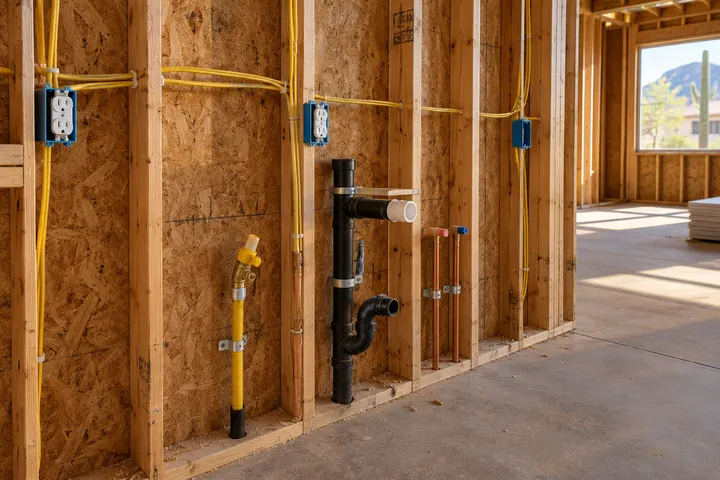 Close view of new kitchen rough-in inside open stud walls: neat new electrical cable runs to outlet boxes, a gas stub for a range and a new drain line for a sink, before drywall