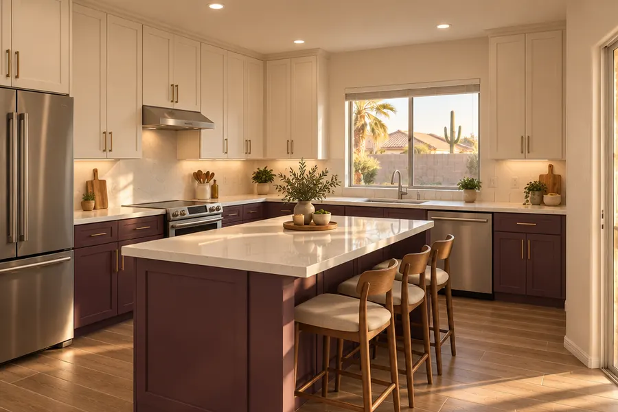 The same Glendale kitchen after a remodel with the same window and room shape: plant shelf removed and cabinets taken to the ceiling, plum lower cabinets and cream uppers, a larger quartz island with stools, recessed lights, stainless appliances, wood-look porcelain floor
