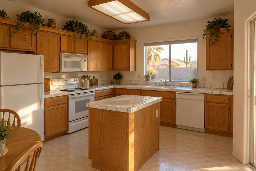 Dated 1990s Glendale, Arizona tract-home kitchen before remodeling: honey oak cabinets with a plant shelf above, white tile countertops with stained grout, a small fixed island, fluorescent ceiling box light, beige vinyl floor, white appliances