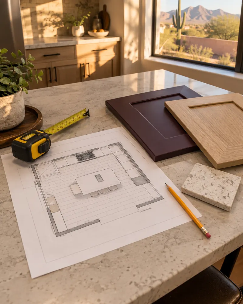 Kitchen design in progress on a kitchen counter in a Glendale, Arizona home: printed kitchen floor plan drawing without legible words, a tape measure, cabinet door samples in plum and white oak, a quartz chip and a pencil, top-down angled view