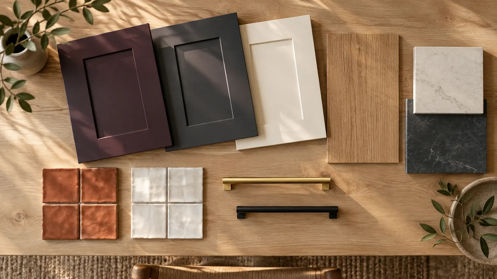 Kitchen finish samples arranged on a light wood table: plum, charcoal and cream painted cabinet door samples, rift oak veneer sample, quartz and soapstone countertop chips, terracotta and white zellige tiles, brass and black pulls, top-down flat lay