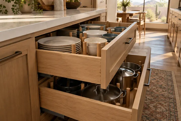 Open deep kitchen drawers with wooden peg dividers holding plates and bowls, a second drawer below holding pots, soft-close slides, white oak drawer boxes