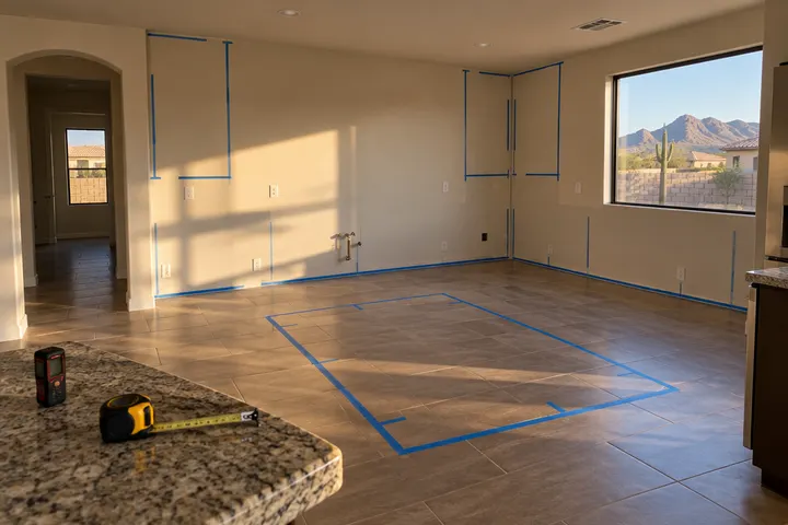 Laser distance measure and a tape measure on an empty kitchen wall in a Glendale, Arizona home before a remodel, painter's tape marking where cabinets and an island will go on the floor