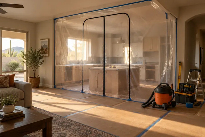 Kitchen under remodel sealed from the living room by a zippered plastic dust wall, ram board floor protection on the floor, a shop vacuum and tidy tools, clean job site