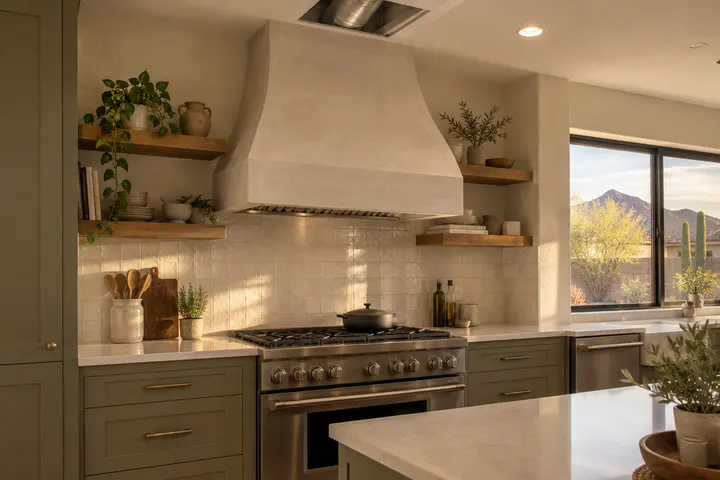 New plaster range hood ducted to the outside above a stainless gas range in a remodeled kitchen, clean tile backsplash, ceiling duct path visible through a small access, no text