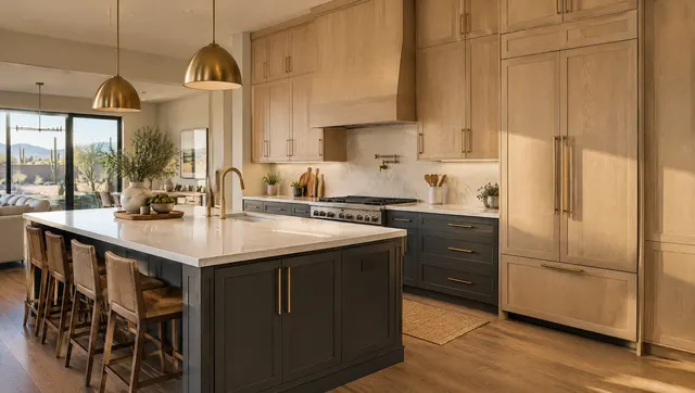 New kitchen cabinets in a Glendale, Arizona home: two-tone design with charcoal lower shaker cabinets and natural rift white oak upper cabinets running to the ceiling, aged brass bar pulls, tall pantry wall with integrated refrigerator panels, light quartz countertops