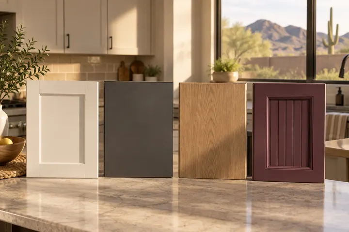 Four kitchen cabinet door samples standing in a row on a counter: cream shaker, charcoal slab, rift oak slab and a plum beaded inset door