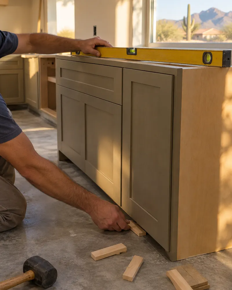Installer's hands and forearms shimming and leveling a new base cabinet on a concrete slab floor with a long level on top, no face visible