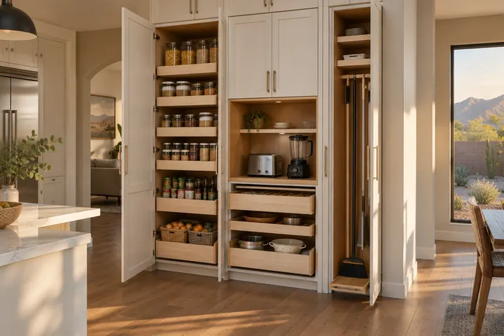 Floor-to-ceiling pantry cabinet wall with doors open showing pull-out shelves, a small appliance garage with toaster and blender, and a broom pull-out, white oak interiors