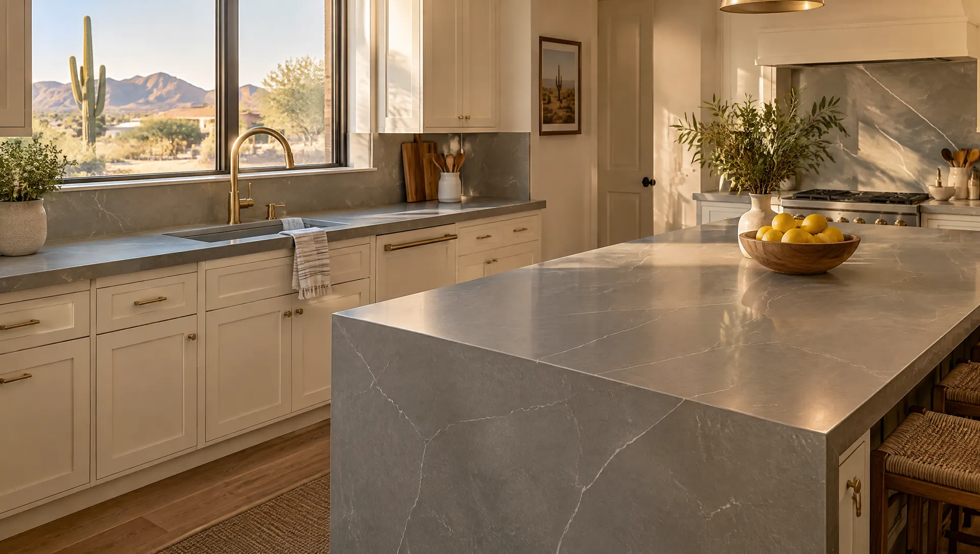 Newly installed honed soapstone-look quartz countertops with soft white veining on a kitchen perimeter and a thick mitered-edge island in a Glendale, Arizona home, cream cabinets, a brass faucet, a bowl of lemons, warm window light