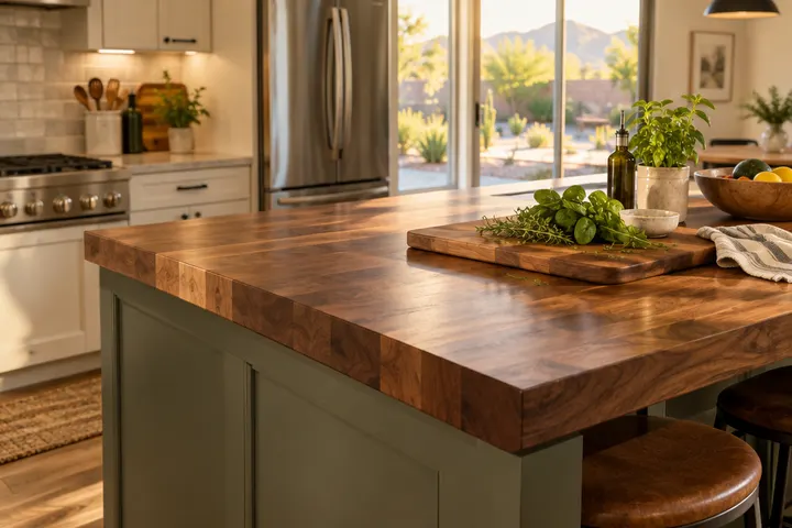 Oiled walnut butcher-block countertop on a kitchen island end with a cutting board and fresh herbs