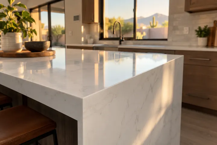 Close-up of a thick mitered edge on a white quartz kitchen island corner, crisp seam-free profile