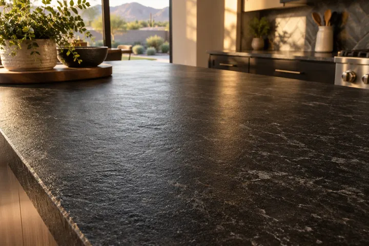 Leathered black granite kitchen countertop surface with natural texture, close angle, soft light