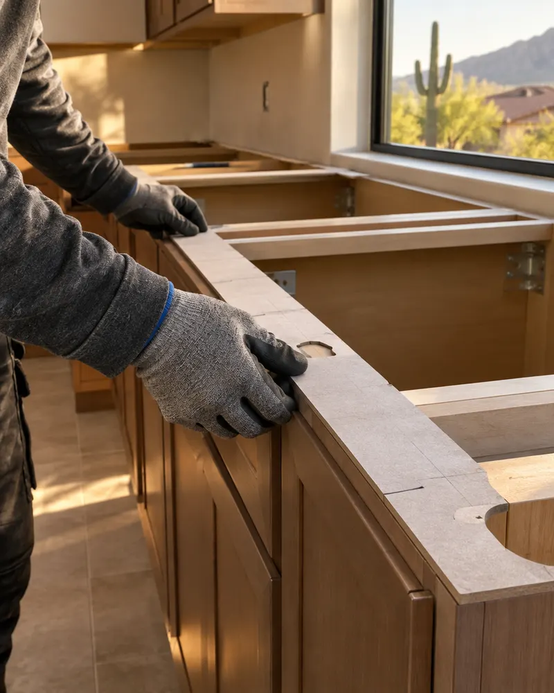 Close-up of a fabricator's gloved hands running a template strip along the edge of new kitchen base cabinets before a stone countertop is cut, no face