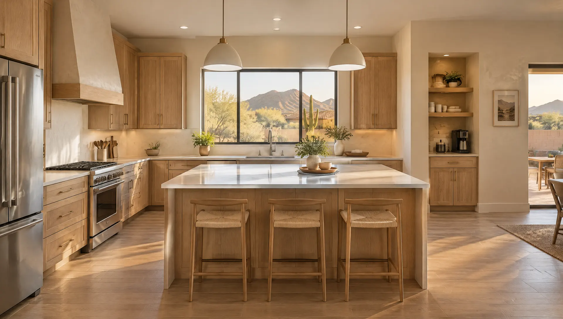 Wide view of a newly reconfigured kitchen in a Glendale, Arizona home: a U-shaped layout reworked into an L-shape with a large island, generous walkways, the sink centered on a window, a coffee bar niche, pale oak cabinets and creamy plaster walls, clean and calm