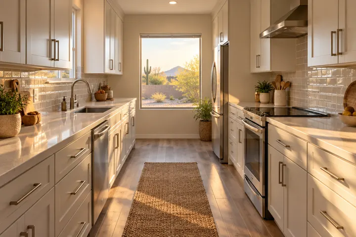 Two-wall galley kitchen in a smaller Arizona home after a redesign, light cabinets on both sides, a window at the end, wide enough walkway