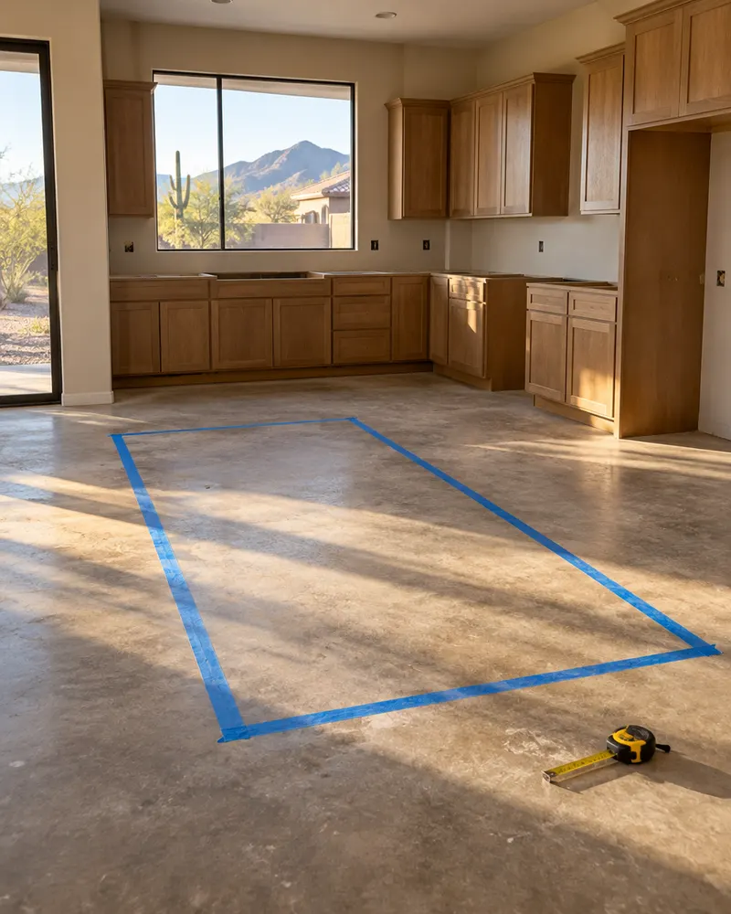 Blue painter's tape outlining a future kitchen island footprint on a bare concrete floor in an empty Glendale, Arizona kitchen, tape measure resting on the floor, morning light
