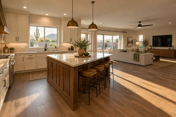 L-shaped kitchen with a separate island facing a family room, cream cabinets and walnut island, open floor area