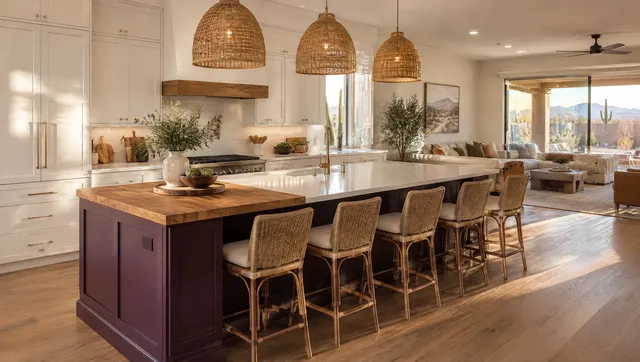 Large new kitchen island in a Glendale, Arizona great room: deep eggplant-colored island base with seating for four on rattan stools, butcher-block top section at one end and white quartz on the rest, three woven pendant lights above, white perimeter cabinets behind