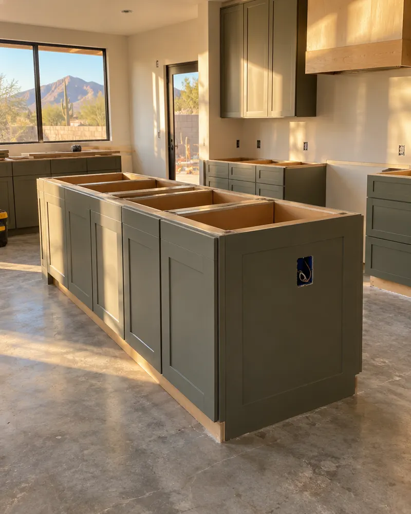 New kitchen island cabinets being set in the middle of a kitchen on a concrete floor before the countertop goes on, an electrical box for outlets visible in the island side