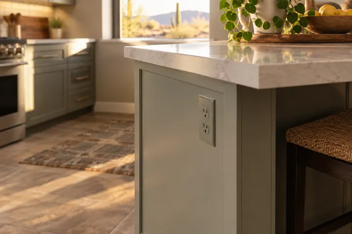 Close-up of a discreet electrical outlet installed in the end panel of a painted kitchen island under the countertop overhang