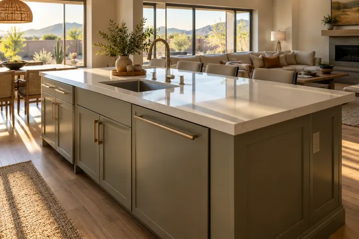 Kitchen island with an undermount prep sink and a dishwasher panel matching the island cabinets, quartz top