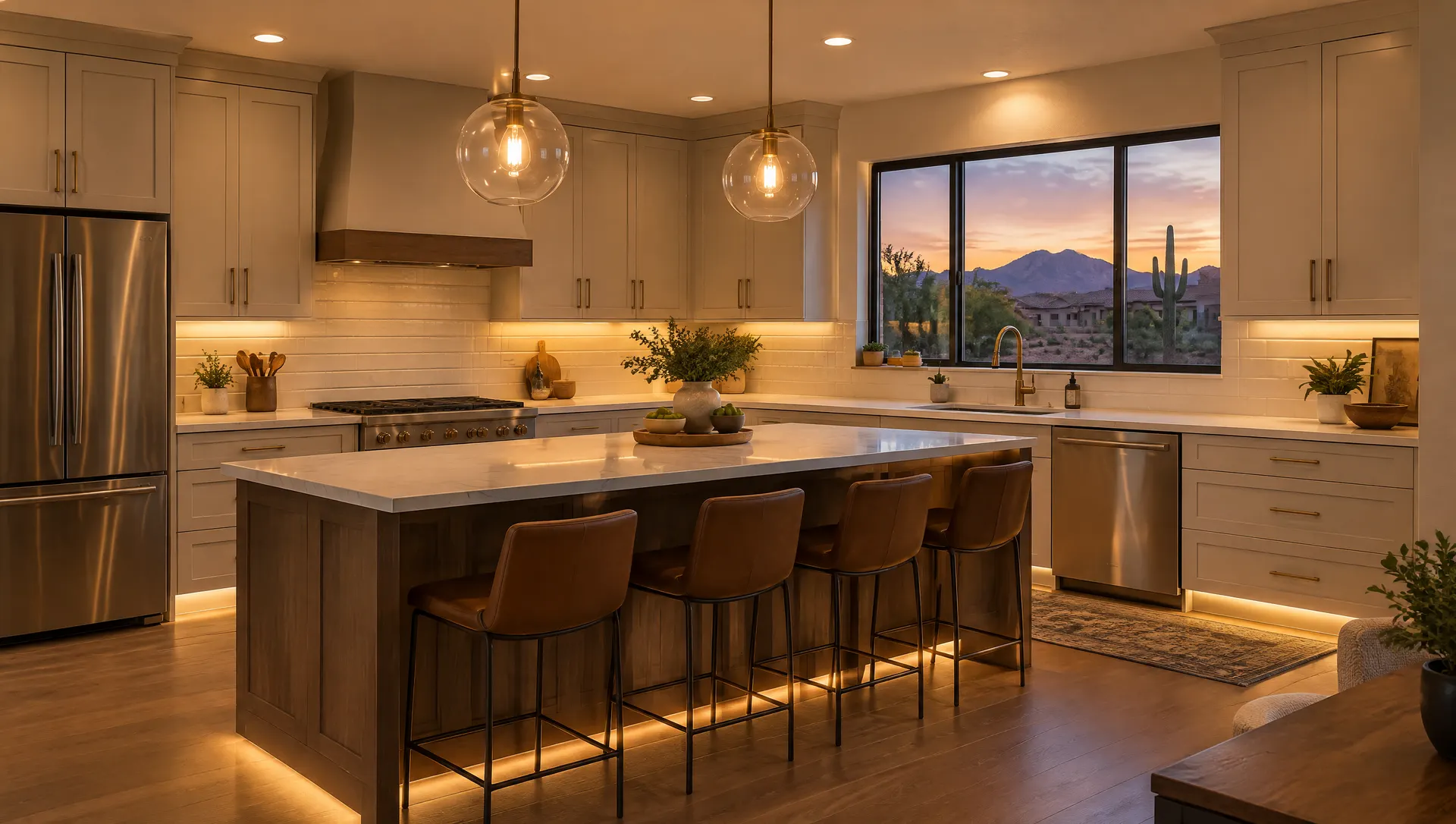 Evening view of a remodeled Glendale, Arizona kitchen glowing with layered lighting: warm recessed ceiling lights, under-cabinet LED strips lighting a white tile backsplash, two globe pendants over the island, toe-kick lighting, dusk sky visible through the window