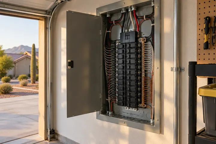 Neatly wired residential electrical panel with new breakers installed in a garage wall, cover open, no labels readable