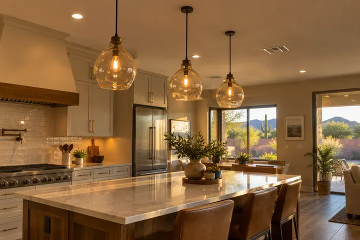 Three hand-blown glass pendant lights hanging over a kitchen island, warm glow, ceiling in view